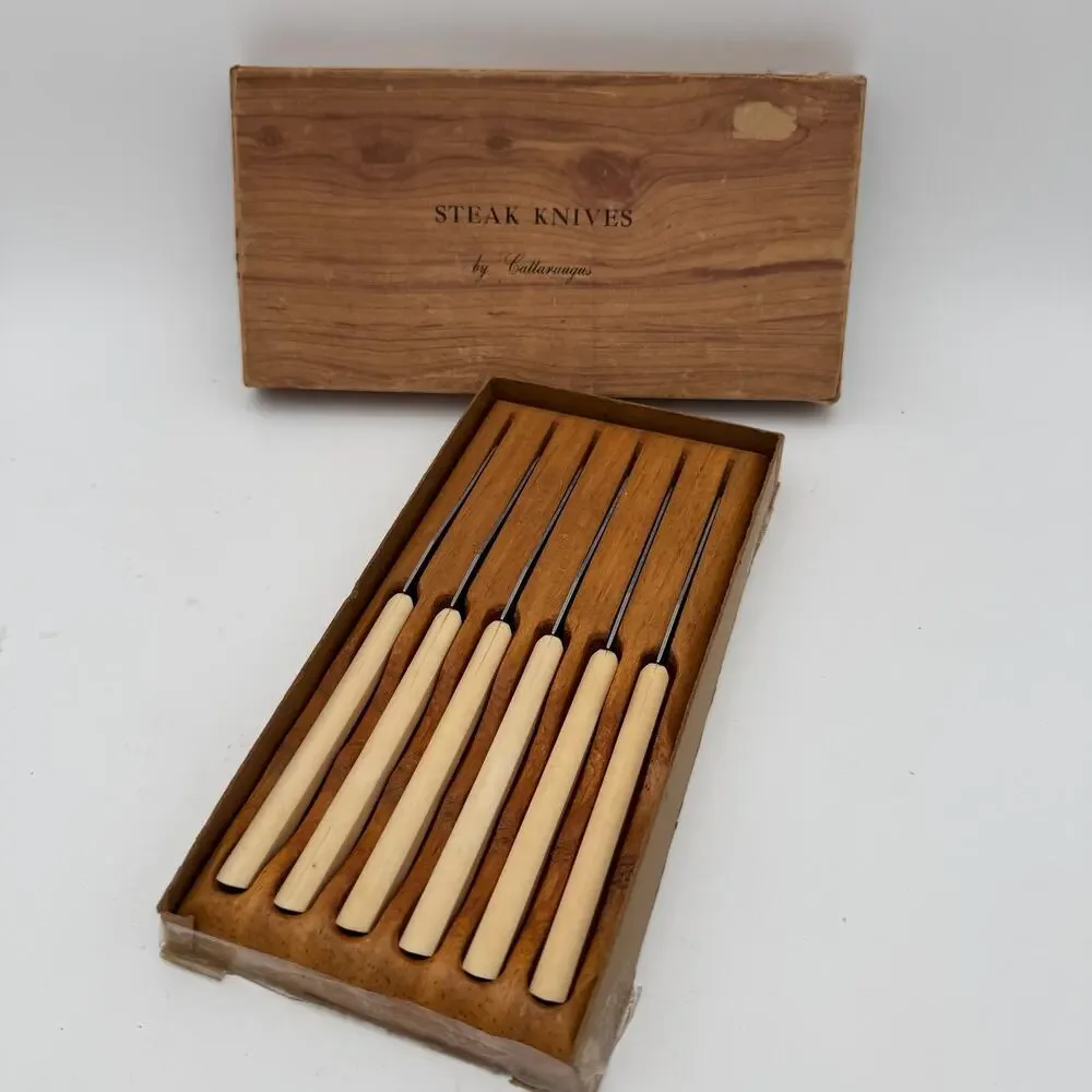 Mid Century Cattaraugus Steak Knife Set (6) in Wooden Holder w Box MCM